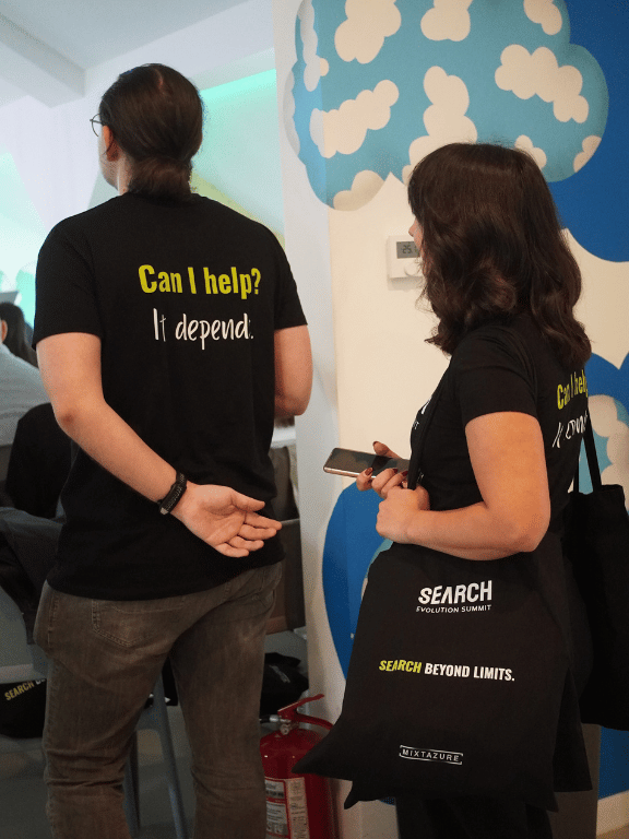 Close-up of the Search Evolution Summit conference branded t-shirt and goodie bag